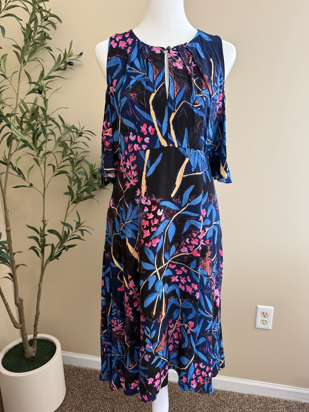 Anthropologie Maeve Dress Size 4 Small Medium Women Blue Black Pink Off Shoulder